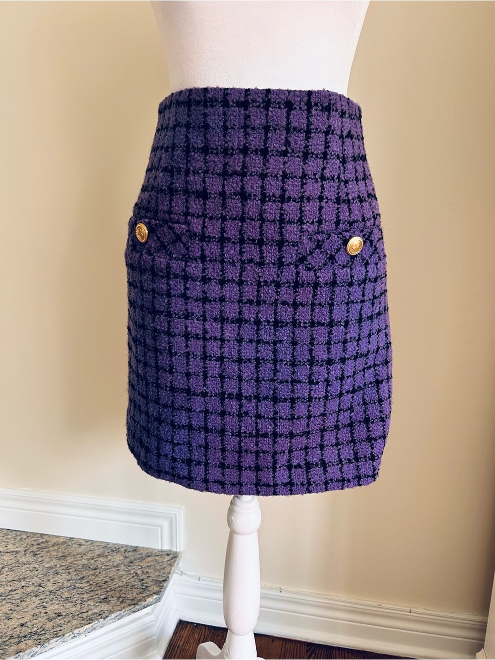 NWT Sandro Tweed Mini Skirt with Gold Buttons Purple Plaid Preppy Dark Academia